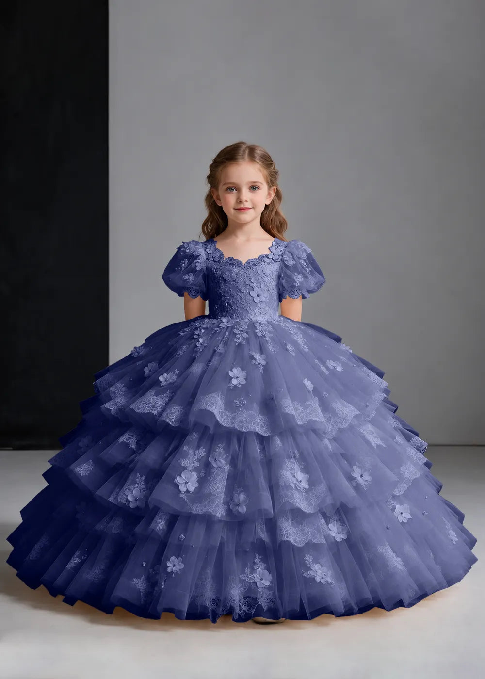 Flower girl dress in Navy Blue, front view.