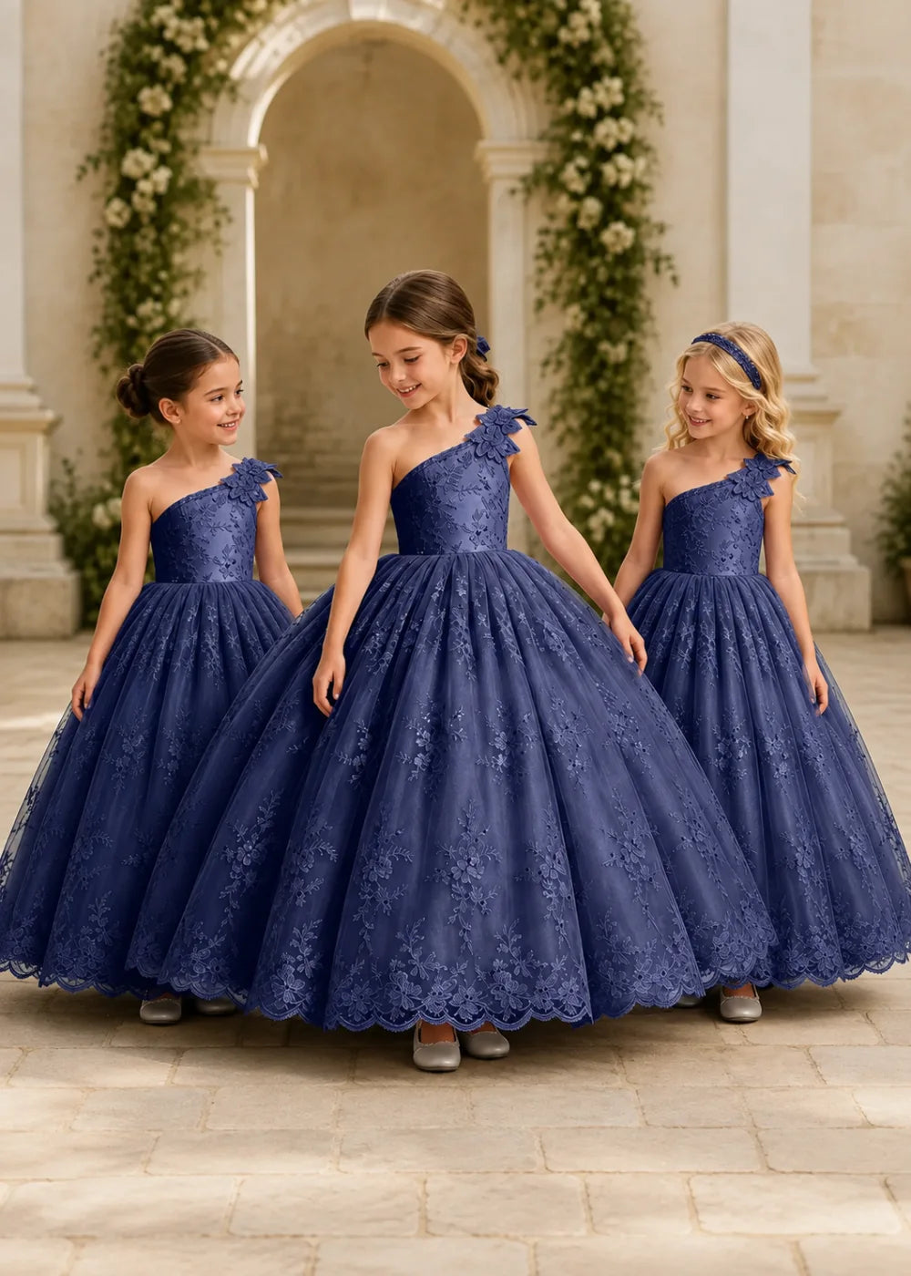 Navy One-Shoulder Flower Girl Gown with Scalloped Lace