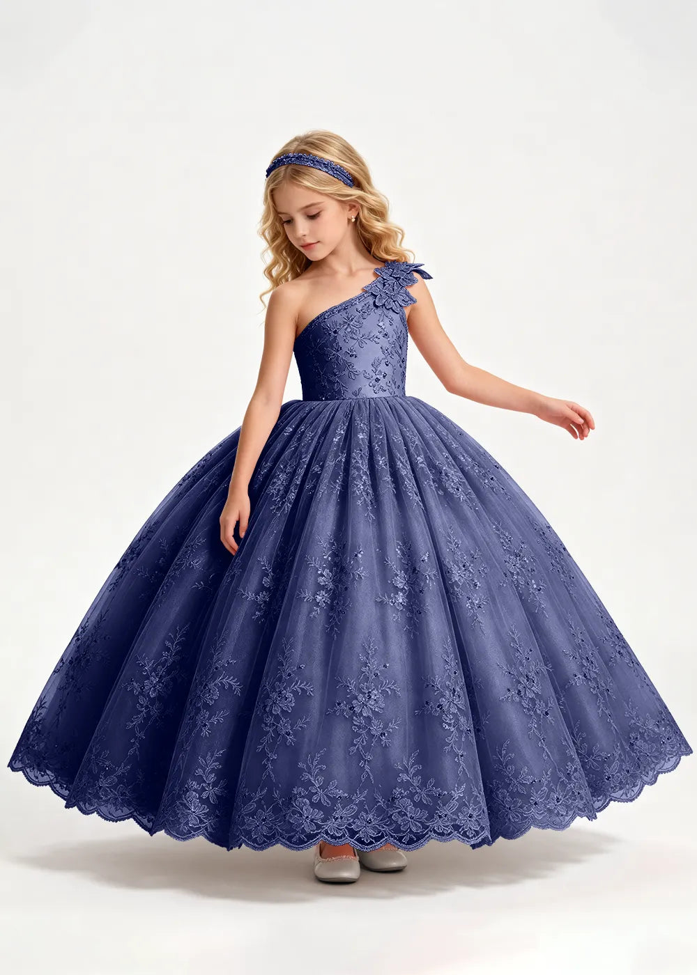 Navy One-Shoulder Flower Girl Gown with Scalloped Lace