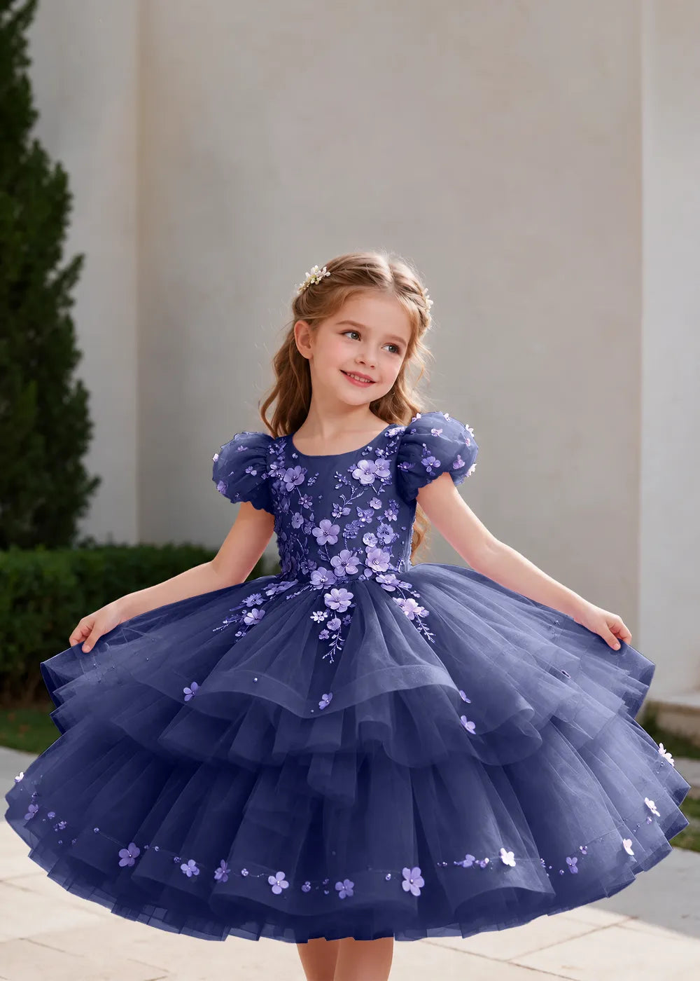 Pink Flower Girl Dress with Floral Trails and Ruffled Hem