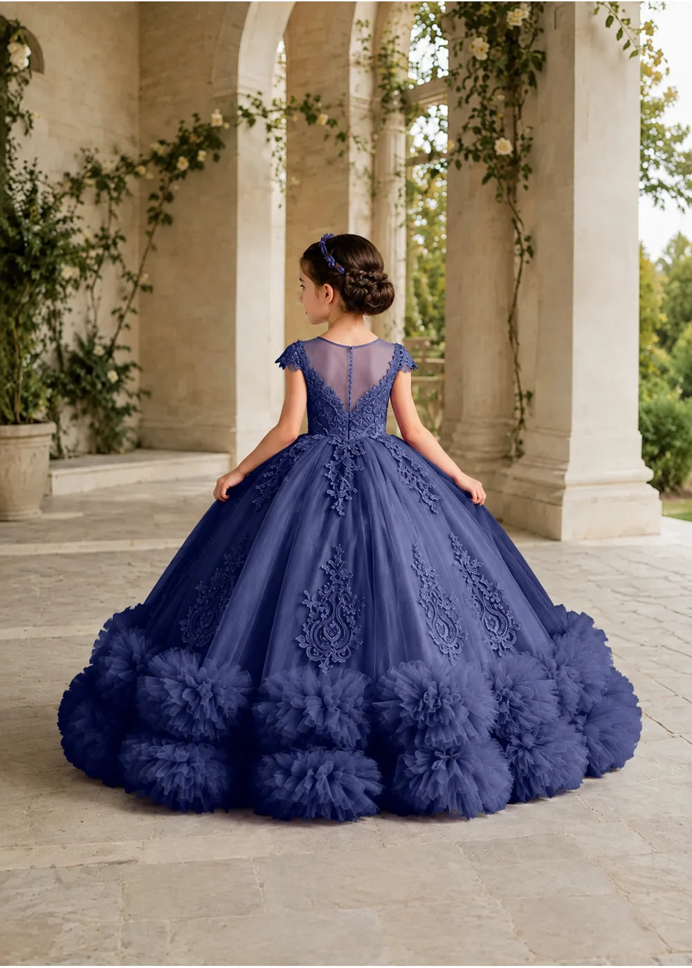 Navy Flower Girl Ball Gown with Floral Bodice and Ruffle Hem
