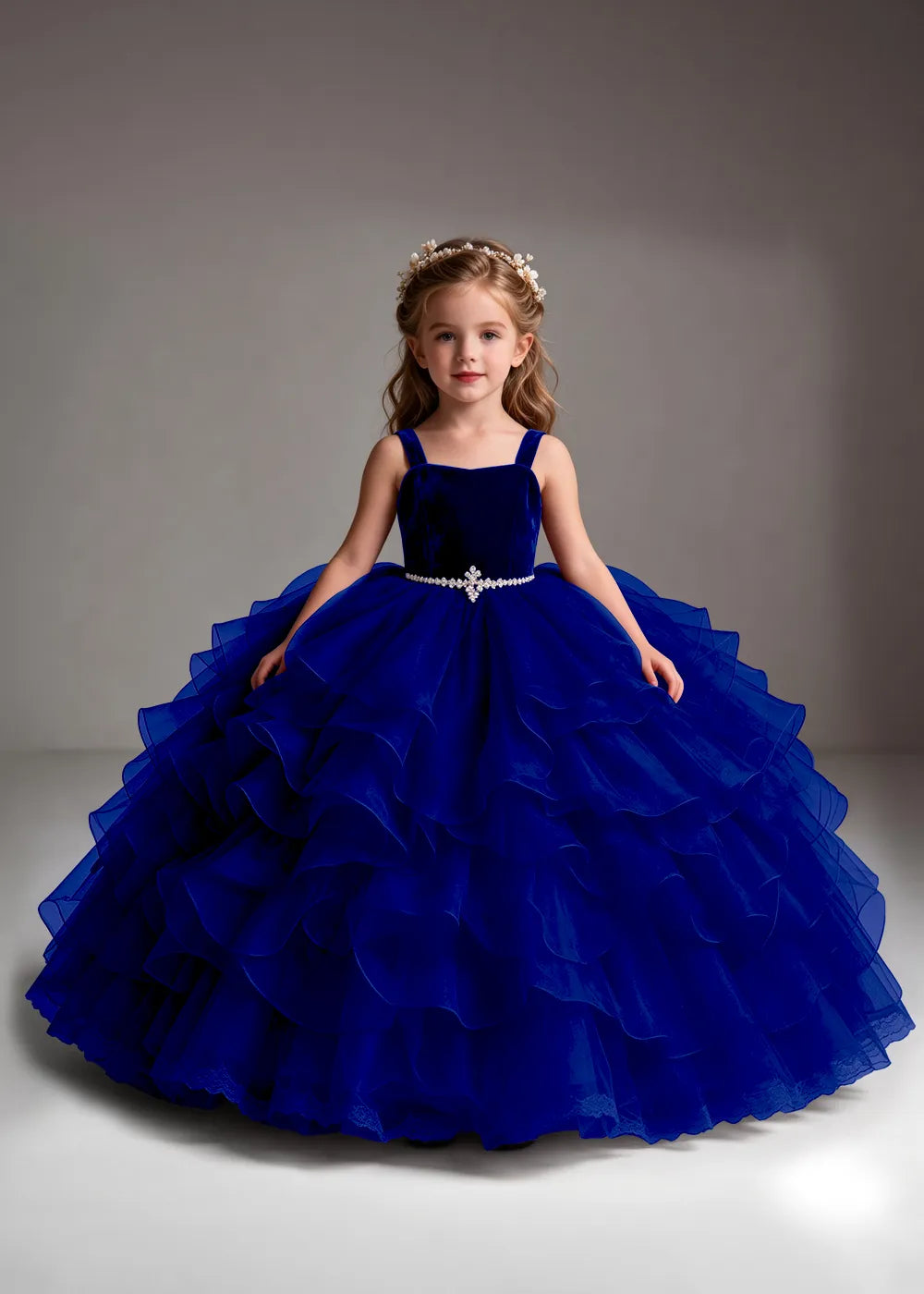 Burgundy Flower Girl Dress with Cascading Ruffles and Jeweled Waist
