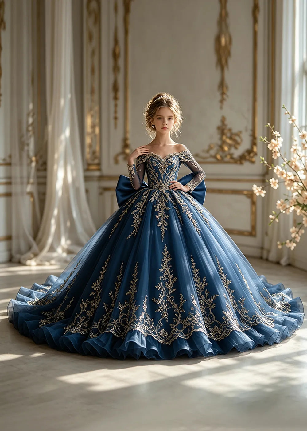 Off-Shoulder Sequin Lace Flower Girl Dress with Bow and Flounced Hem