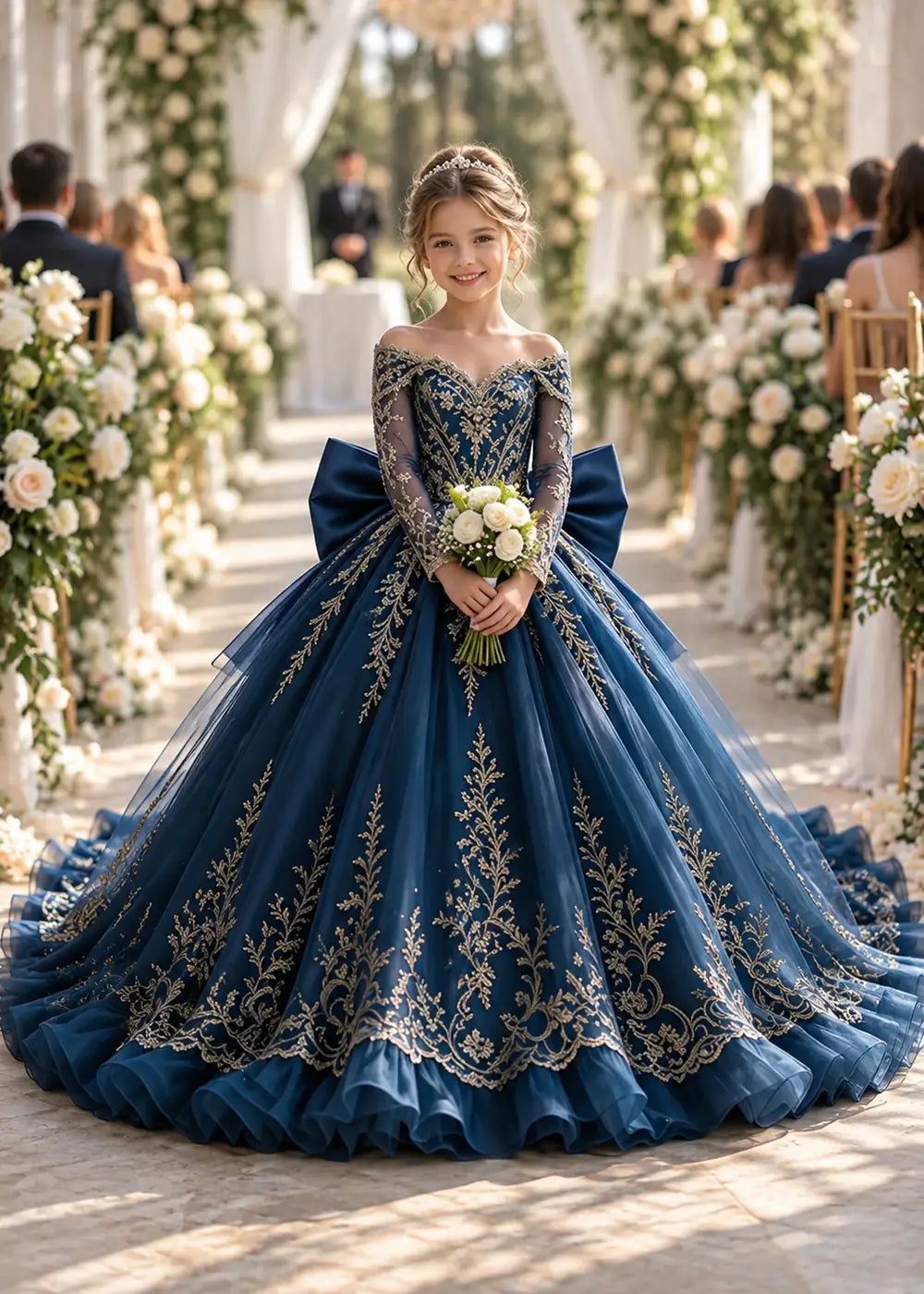 Off-Shoulder Sequin Lace Flower Girl Dress with Bow and Flounced Hem