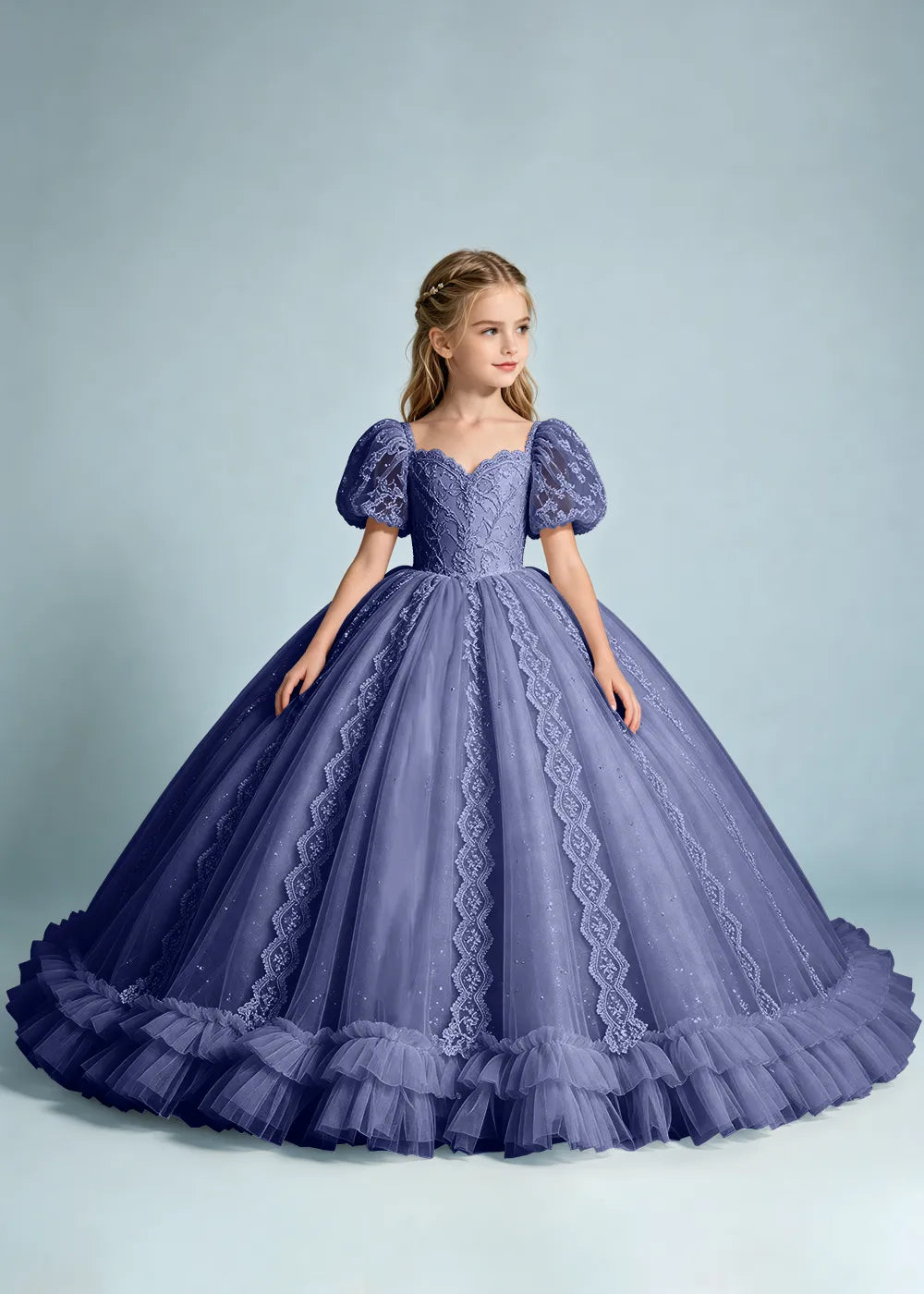 Navy Flower Girl Gown with Lace Puff Sleeves and Ruffled Hem