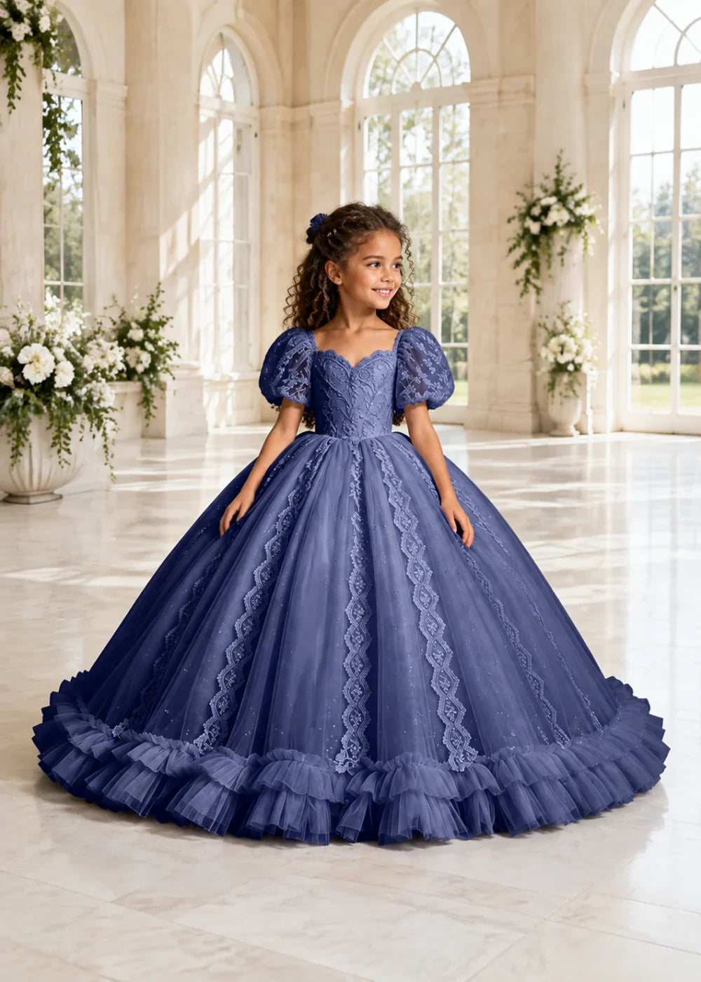 Navy Flower Girl Gown with Lace Puff Sleeves and Ruffled Hem