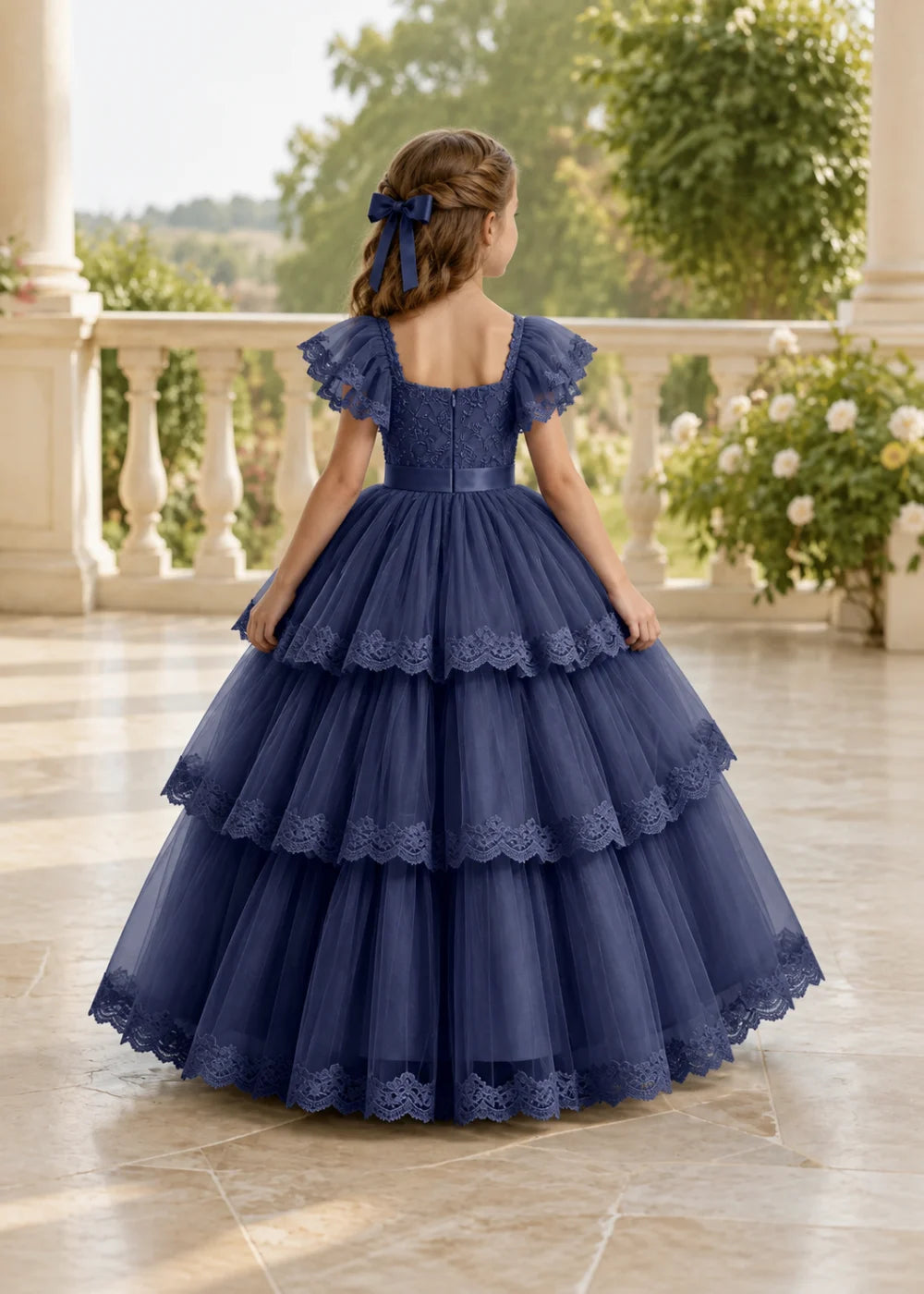 Navy Flower Girl Ball Gown with Three Lace-Edged Tiers