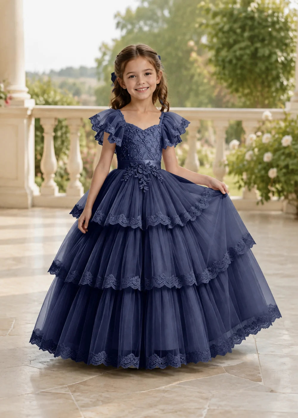 Navy Flower Girl Ball Gown with Three Lace-Edged Tiers