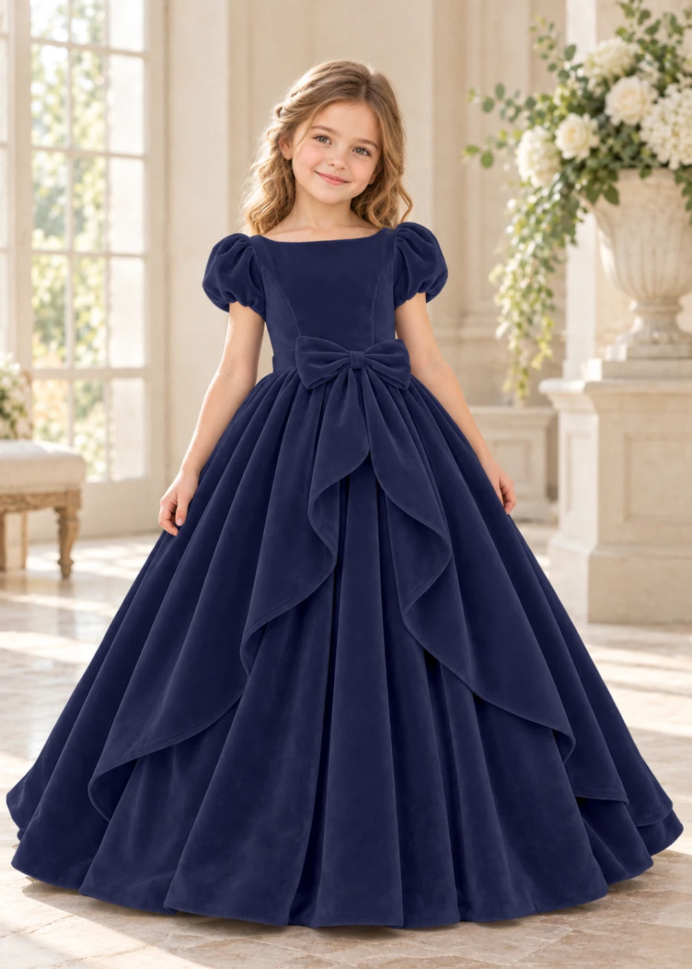 Front view of a child wearing a navy blue flower girl dress with a square neckline, short puff sleeves and a large velvet bow above a full tiered skirt.