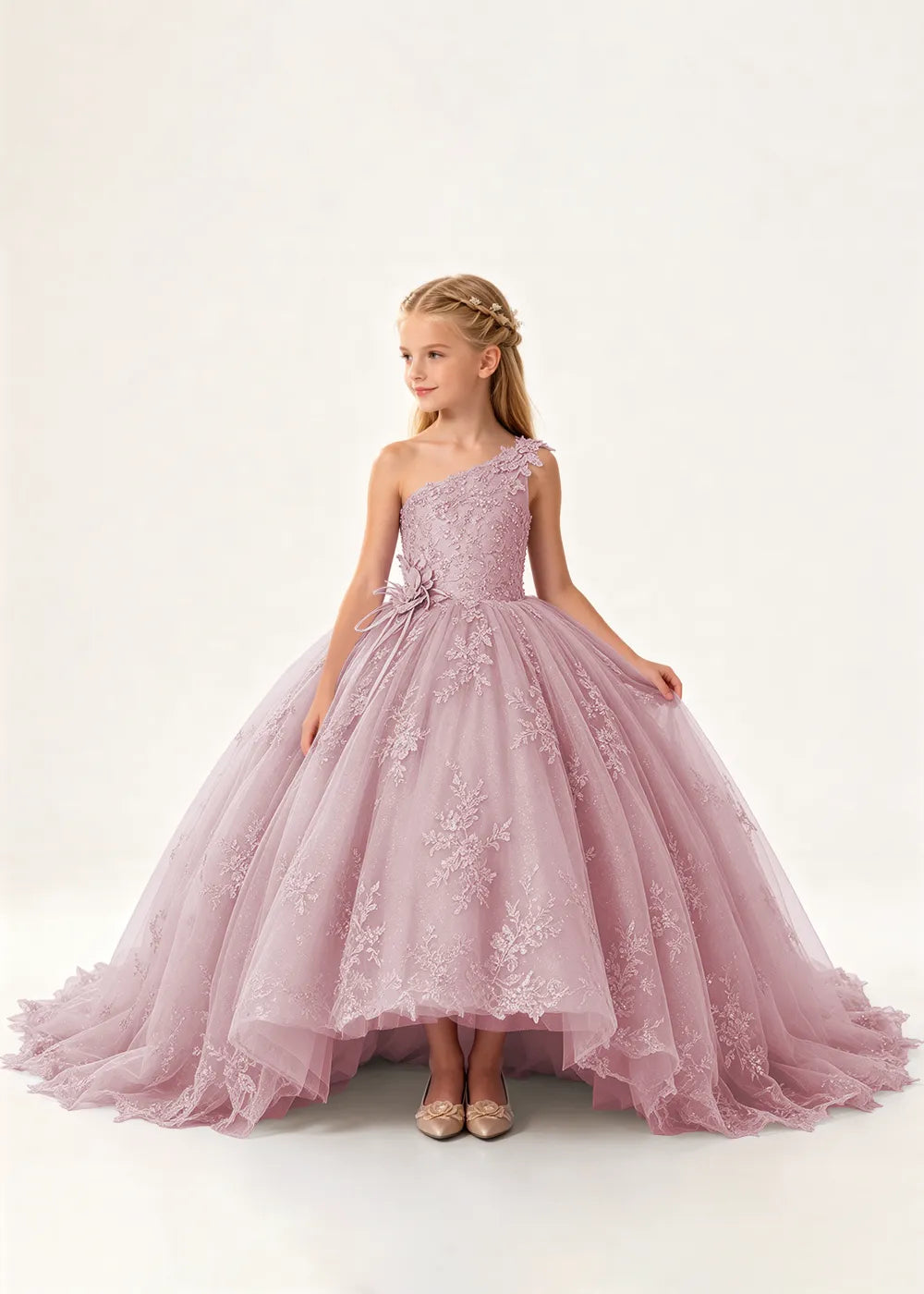 One-Shoulder High-Low Lace Flower Girl Ball Gown Dress
