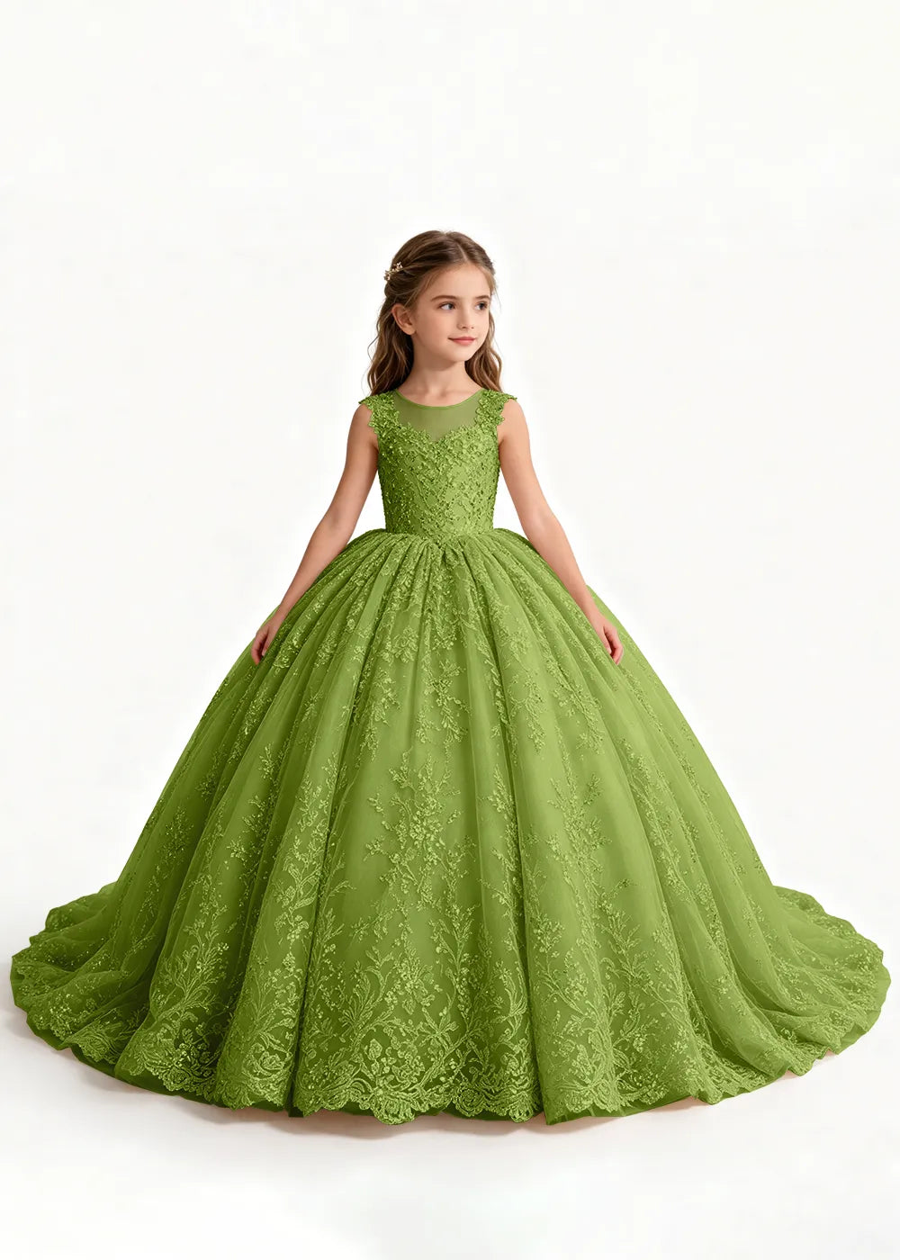 Navy Sleeveless Flower Girl Gown with Scalloped Train
