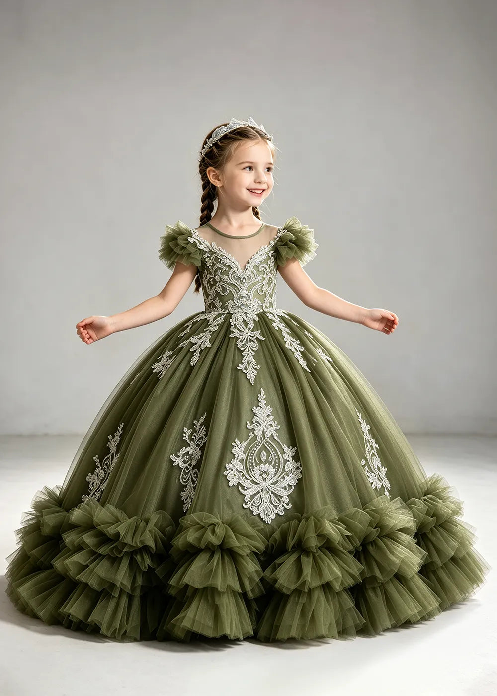 Navy Flower Girl Ball Gown with White Floral Appliqués