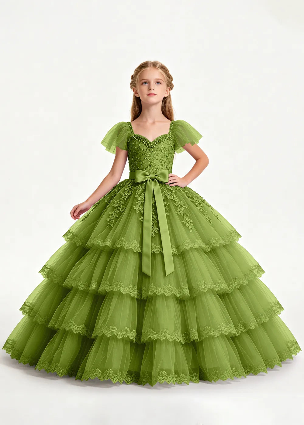 Navy Four-Tier Flower Girl Gown with Front Bow