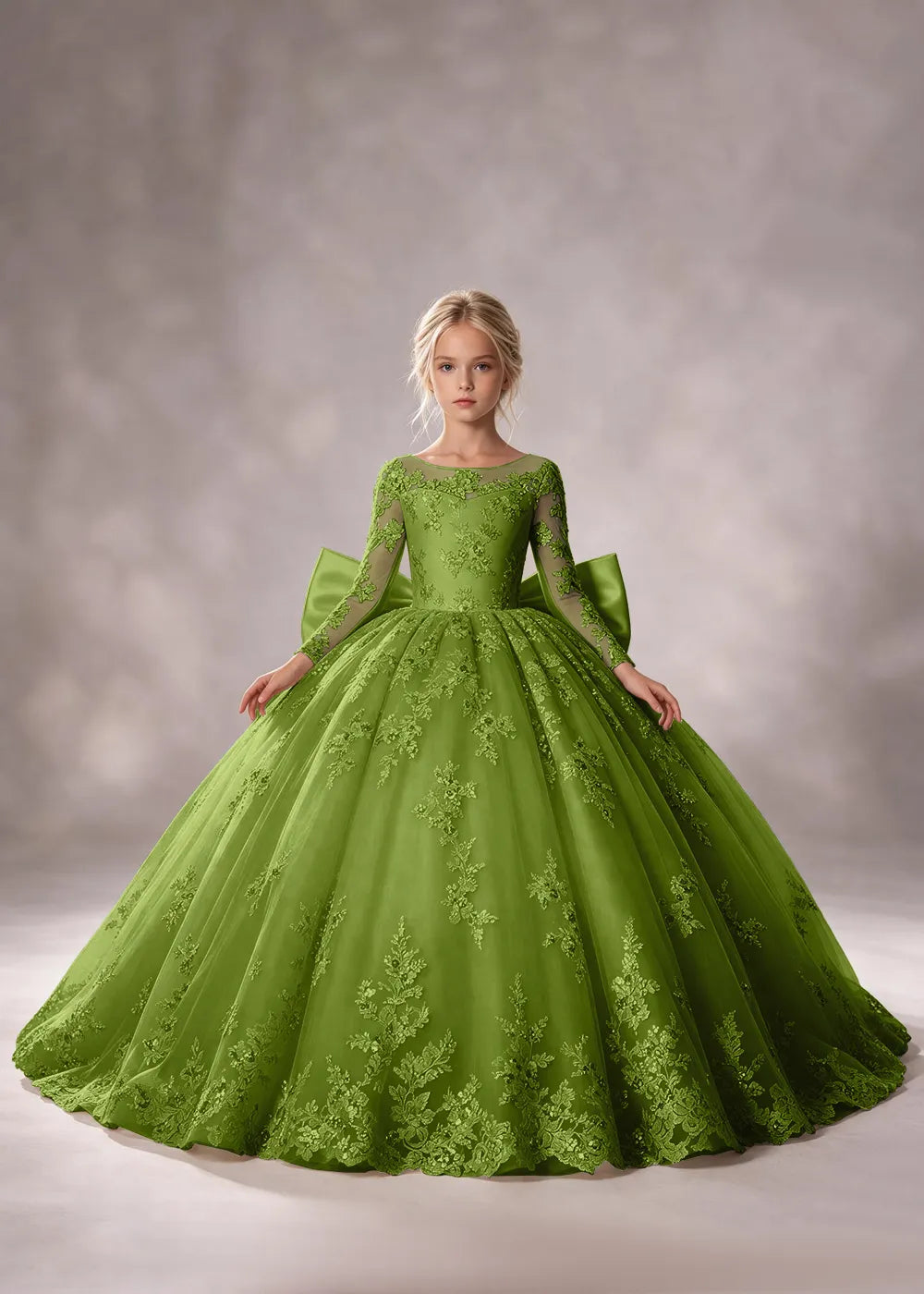 Flower girl dress in Olive Green, front view.