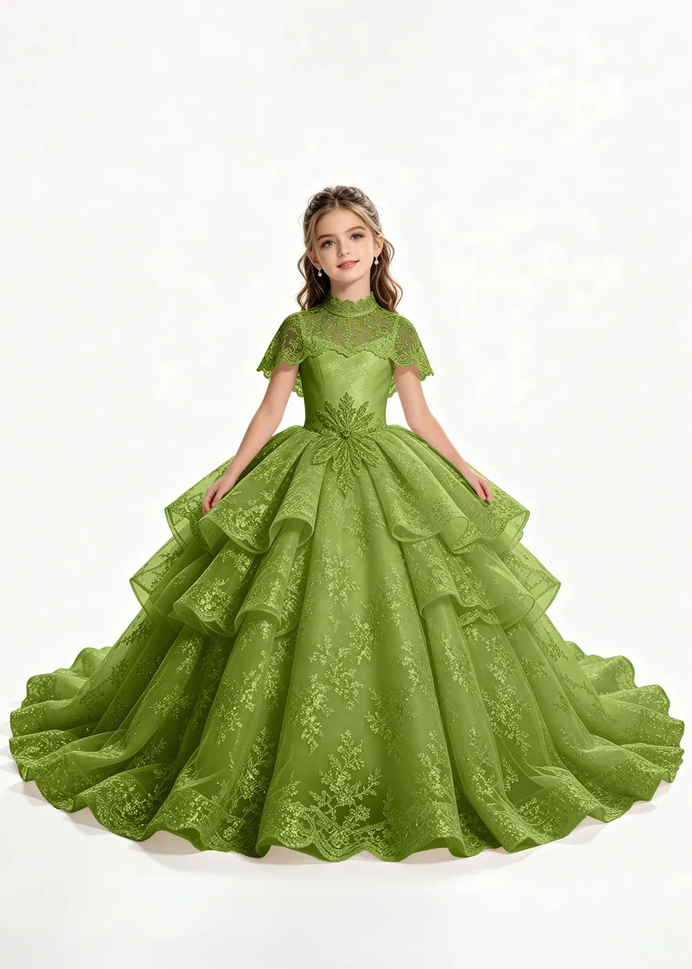 Flower girl dress in Olive Green, front view.