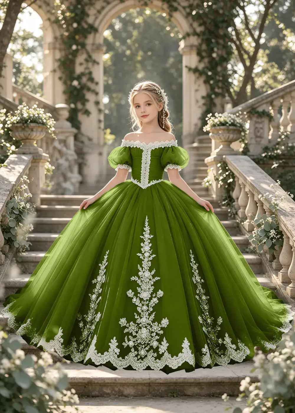 Flower girl dress in Olive Green, front view.