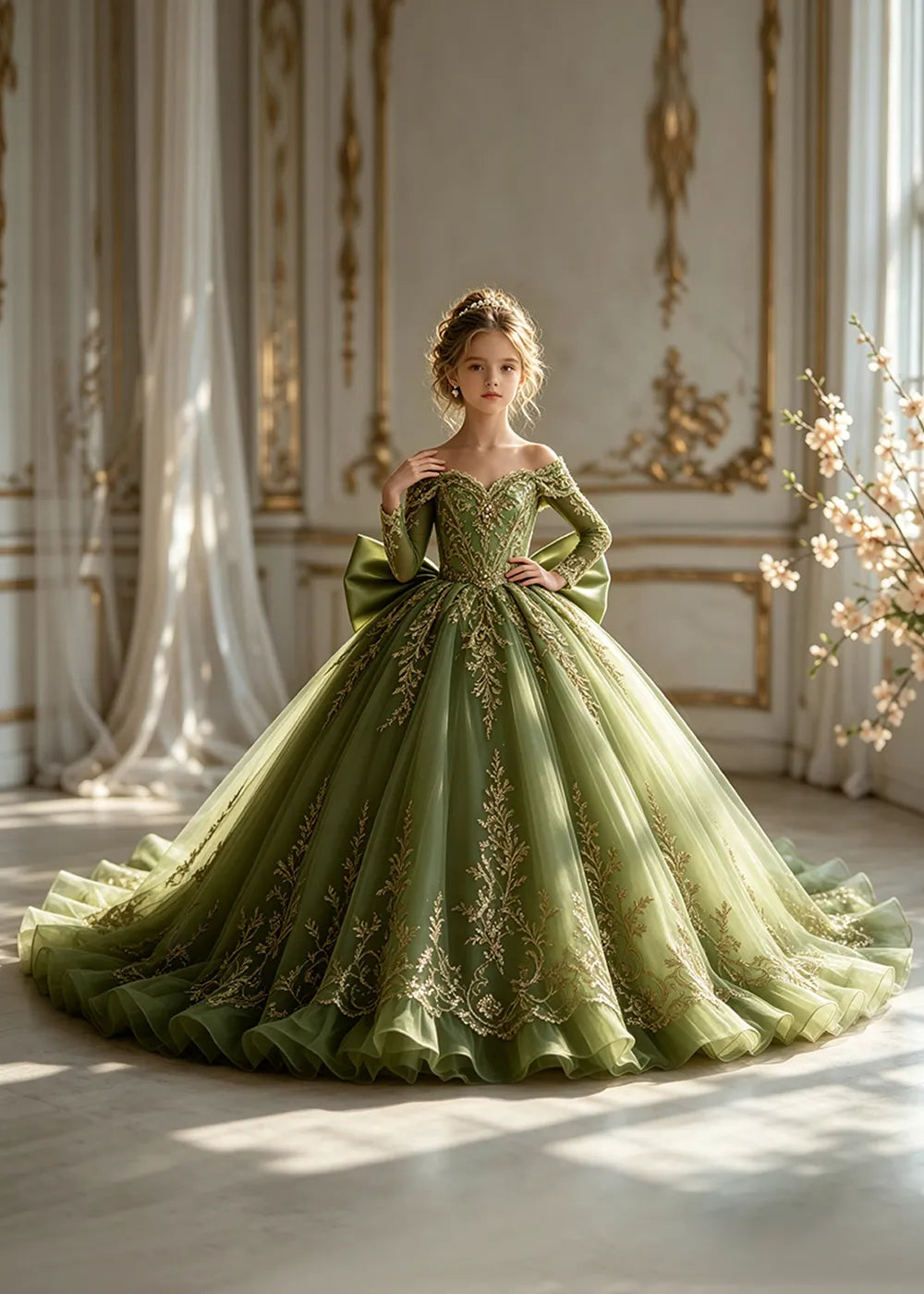 Off-Shoulder Sequin Lace Flower Girl Dress with Bow and Flounced Hem