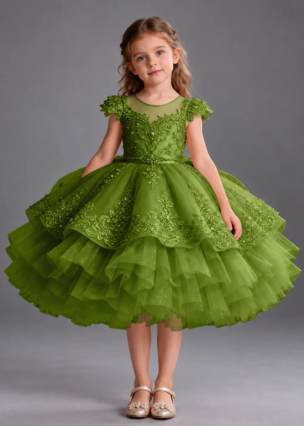 Navy Blue Flower Girl Dress with Beaded Lace and Short Ruffle Skirt
