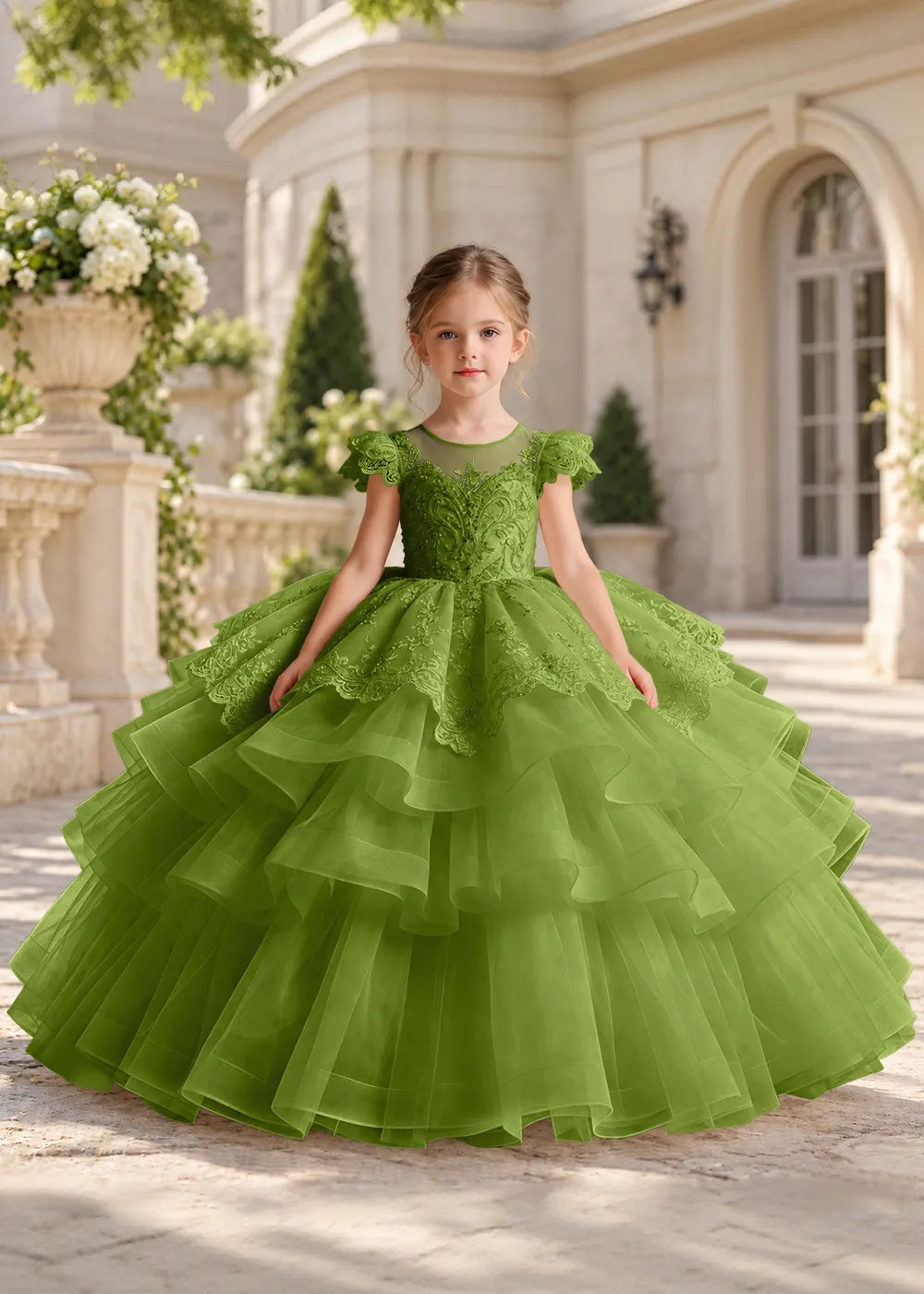 Dusty Blue Lace-Cap Flower Girl Dress with Cascading Skirt