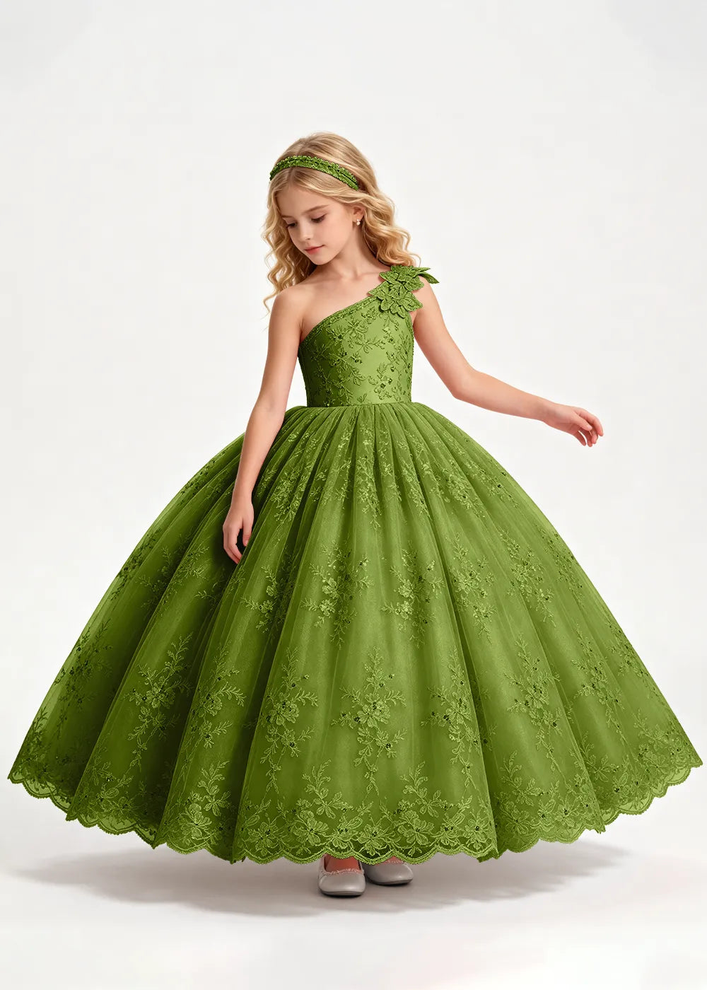 Navy One-Shoulder Flower Girl Gown with Scalloped Lace