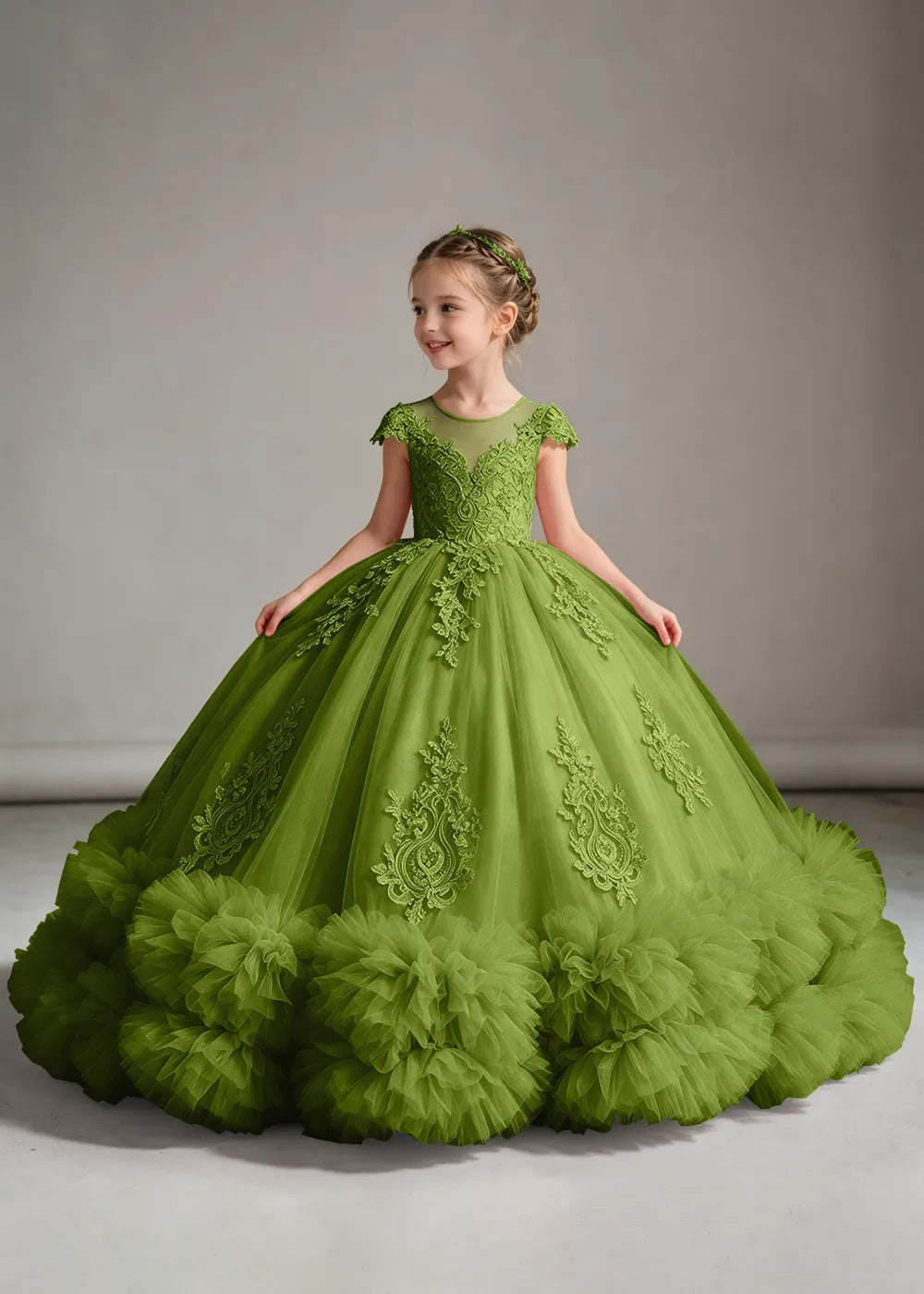 Navy Flower Girl Ball Gown with Floral Bodice and Ruffle Hem