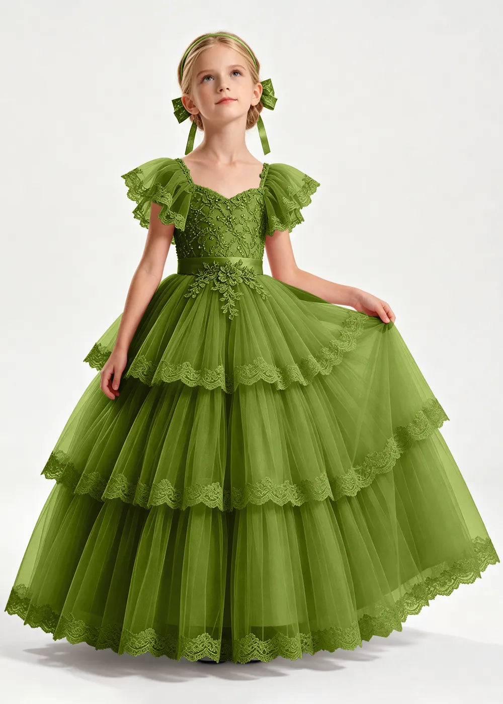 Navy Flower Girl Ball Gown with Three Lace-Edged Tiers