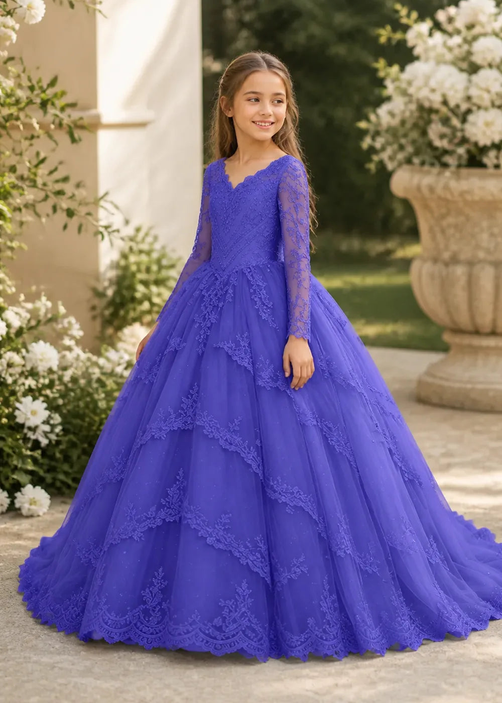 Long Sleeve Floral Lace Princess Dress for Girls