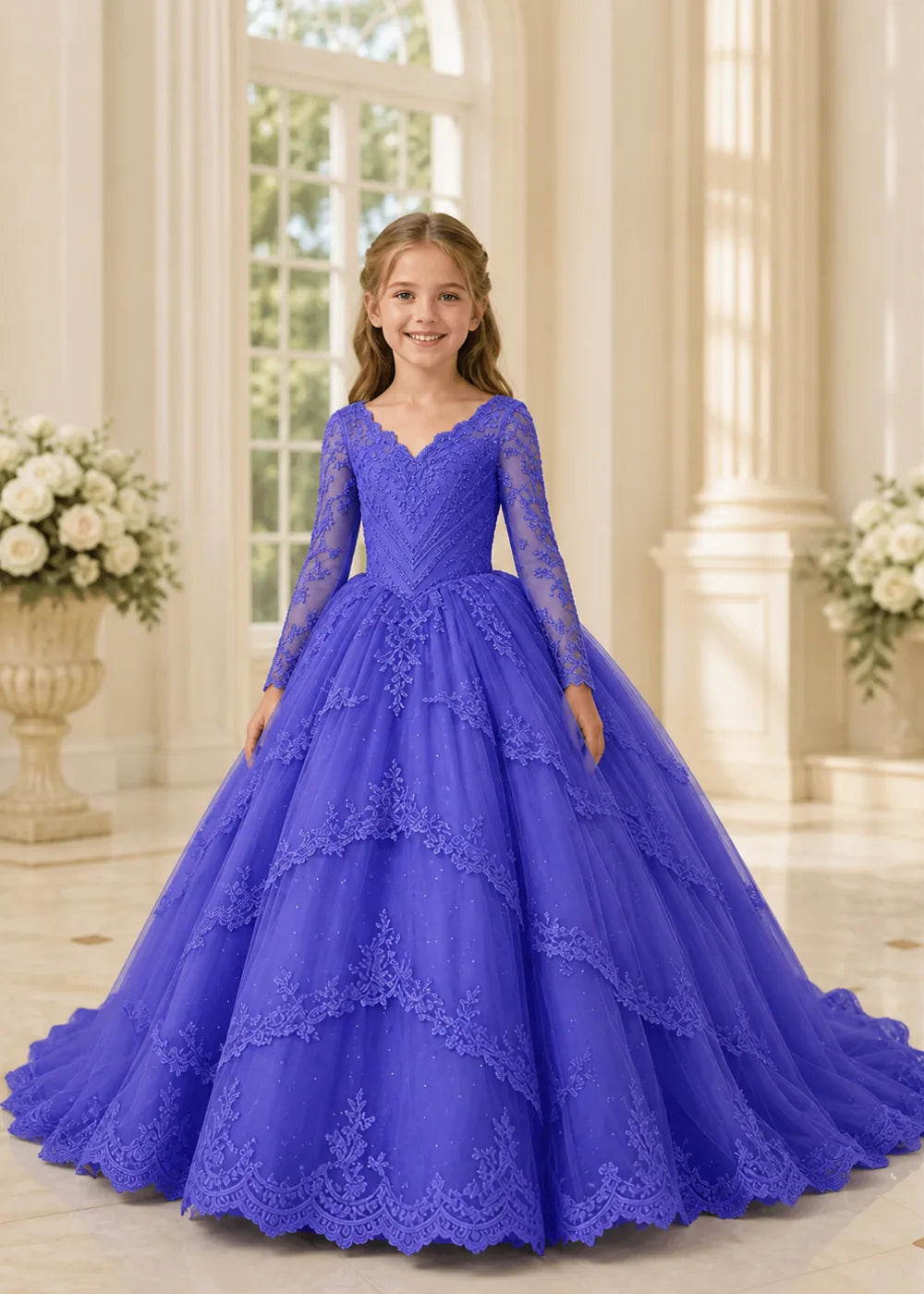 Long Sleeve Floral Lace Princess Dress for Girls