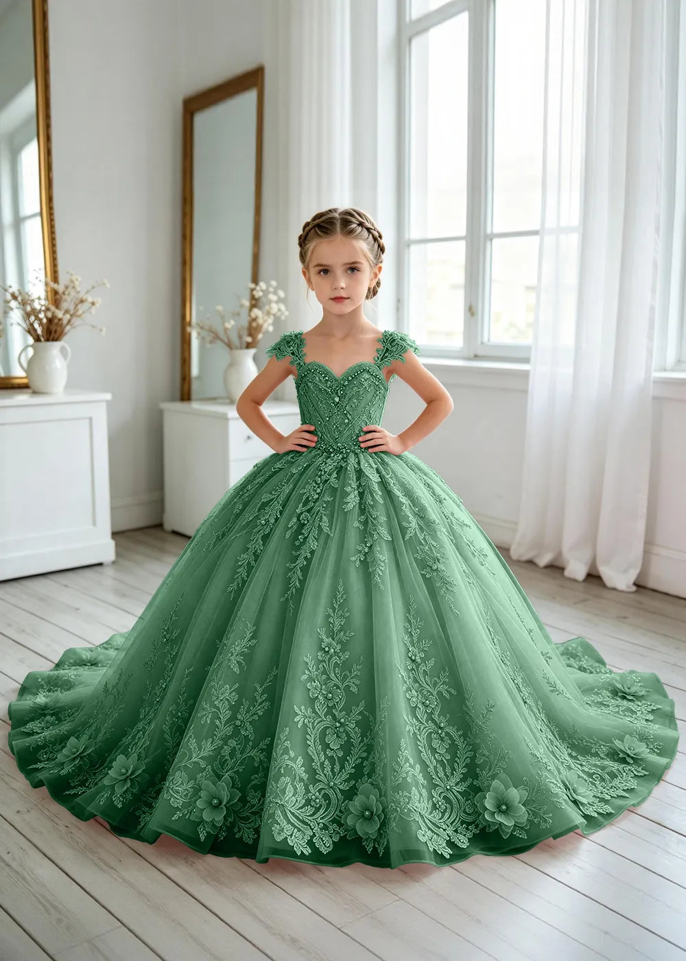 Floral V-Neck Lace Flower Girl Ball Gown Dress