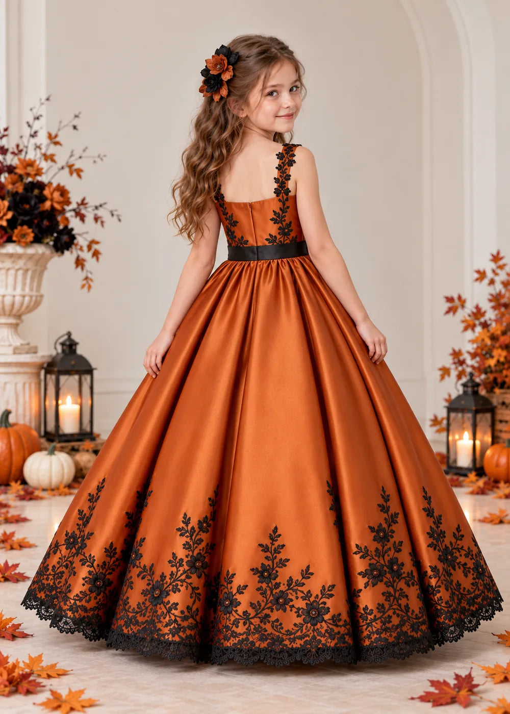 Back view of the orange and black flower girl dress.