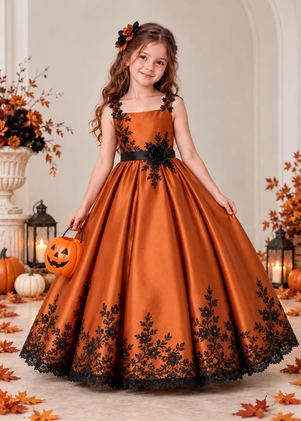 Front view of the orange and black flower girl dress.