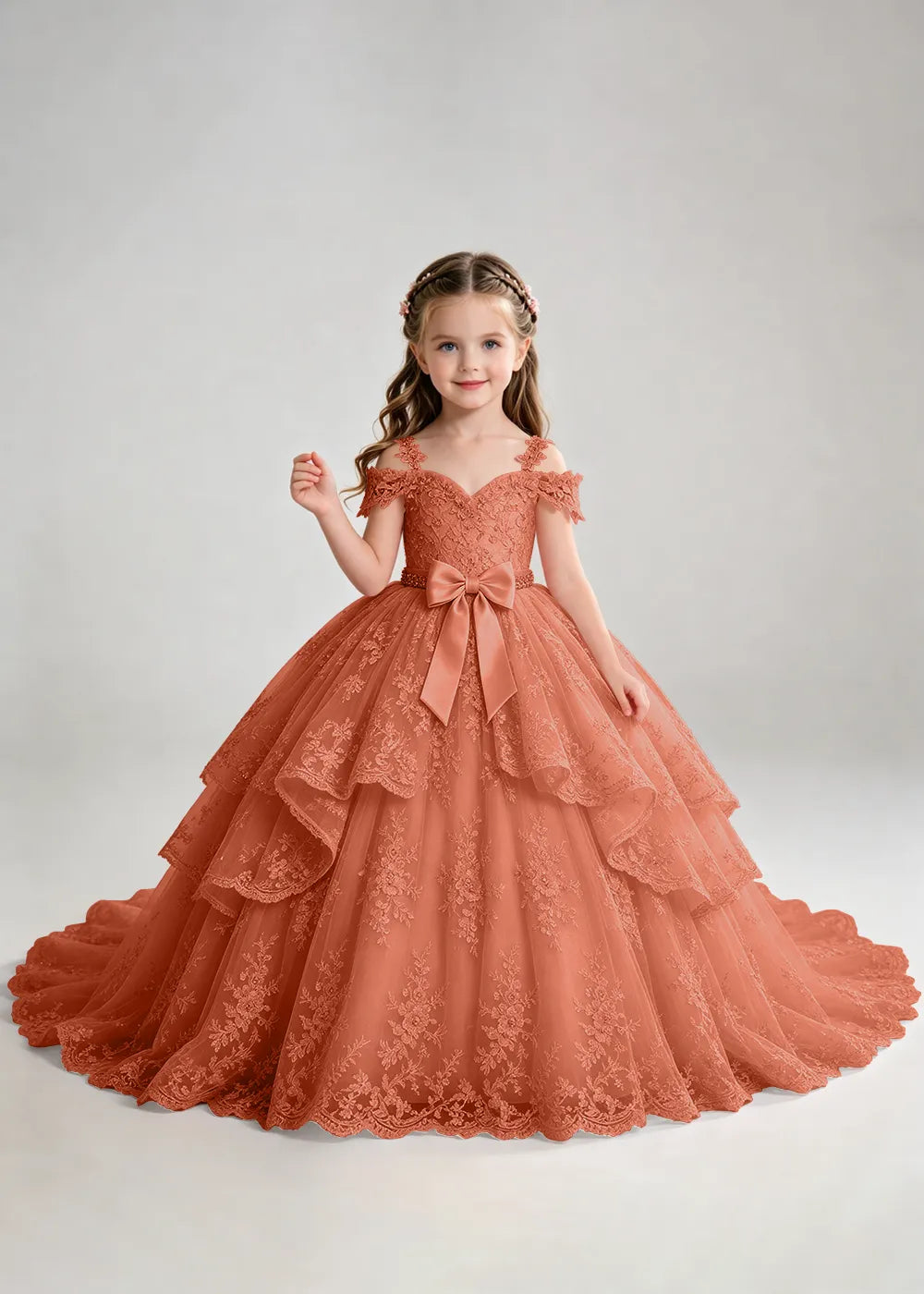 Bow Waist Floral Lace Princess Dress for Girls