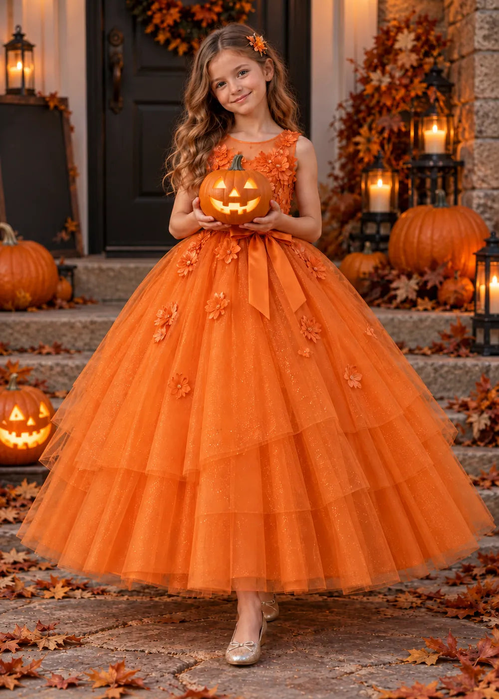 Detail view of the orange flower girl dress.