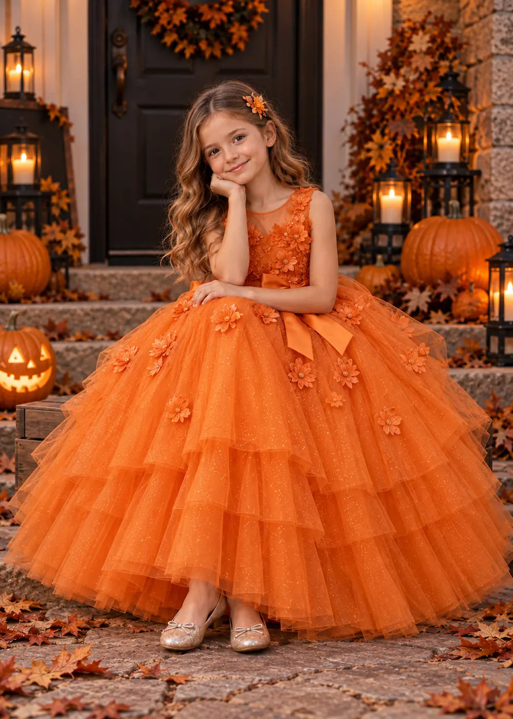 Detail view of the orange flower girl dress.