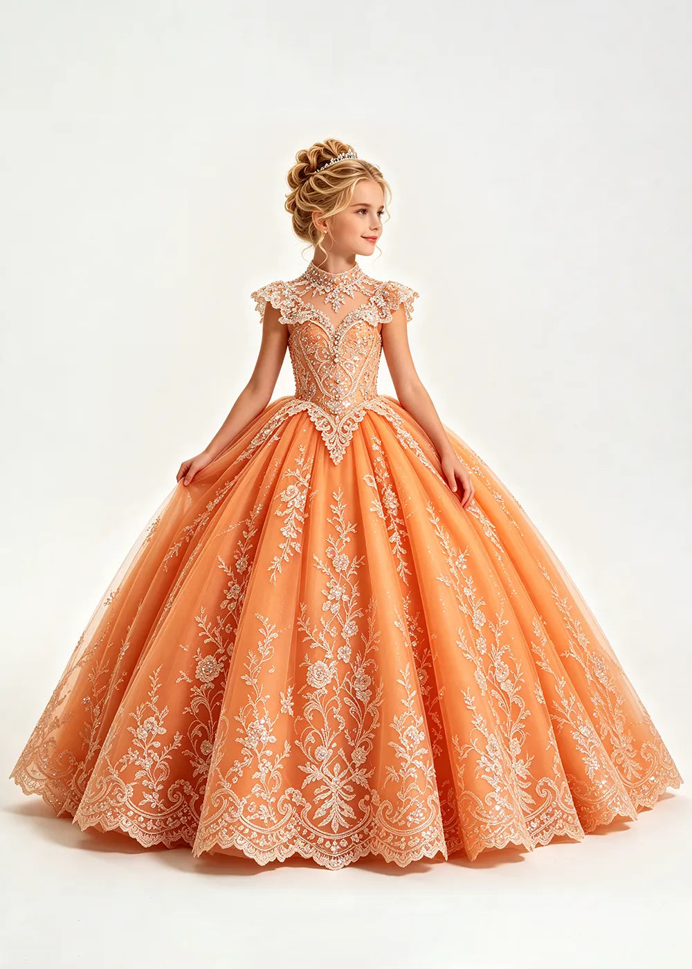 Navy Flower Girl Ball Gown with High Floral Collar