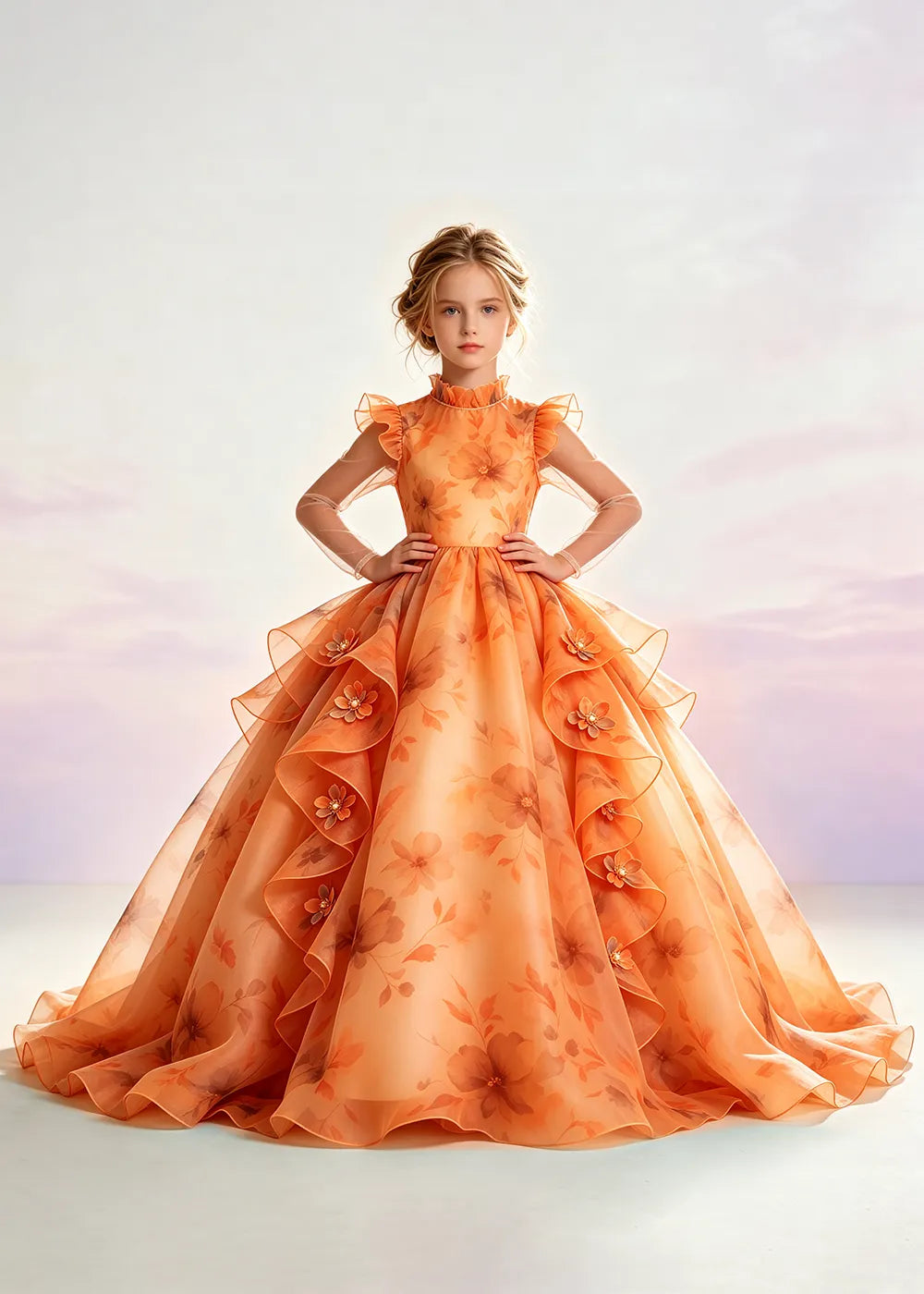 Navy Blue Floral Ruffle-Collar Flower Girl Dress