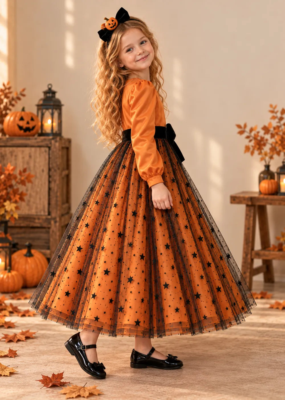 Detail view of the orange and black flower girl dress.