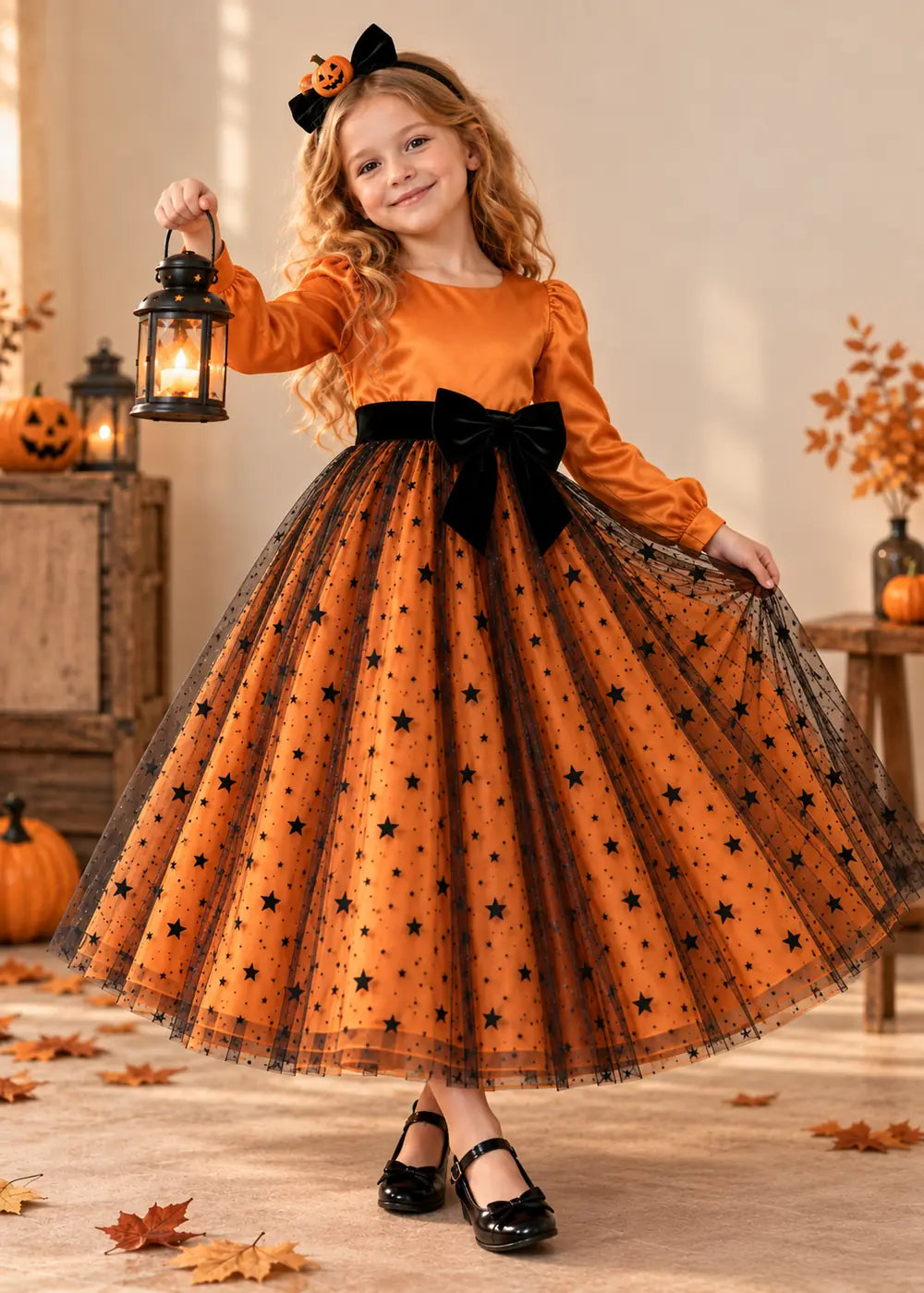 Detail view of the orange and black flower girl dress.