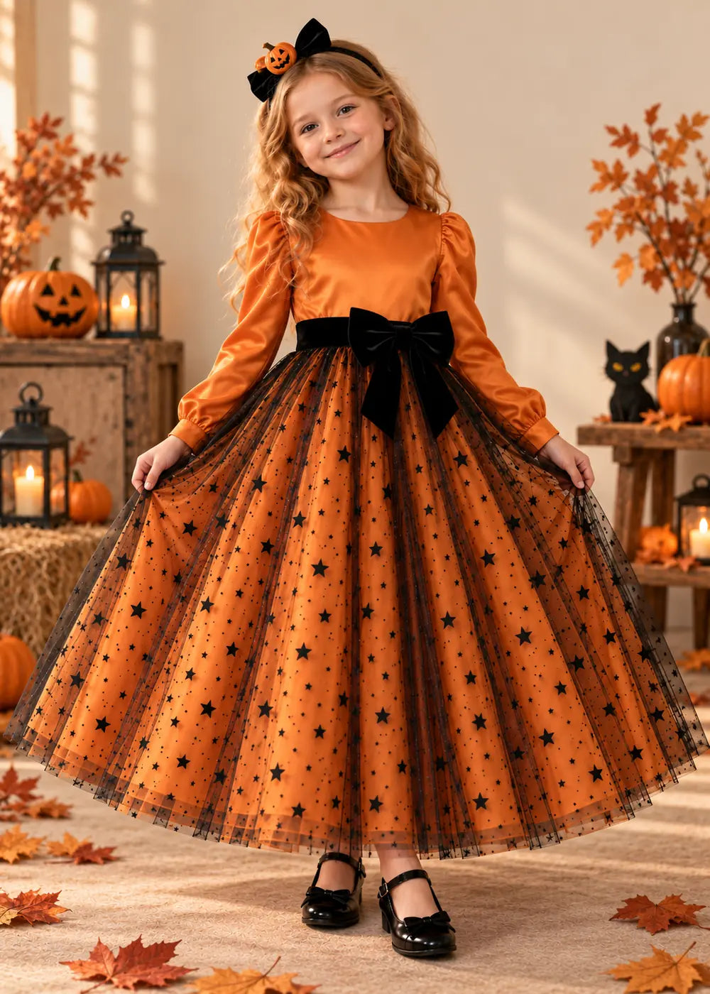 Detail view of the orange and black flower girl dress.