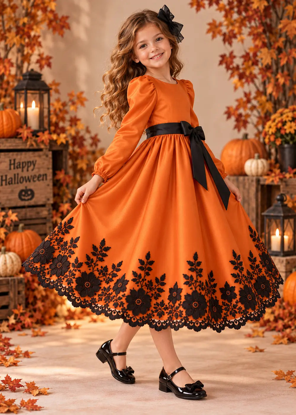 Detail view of the orange and black flower girl dress.