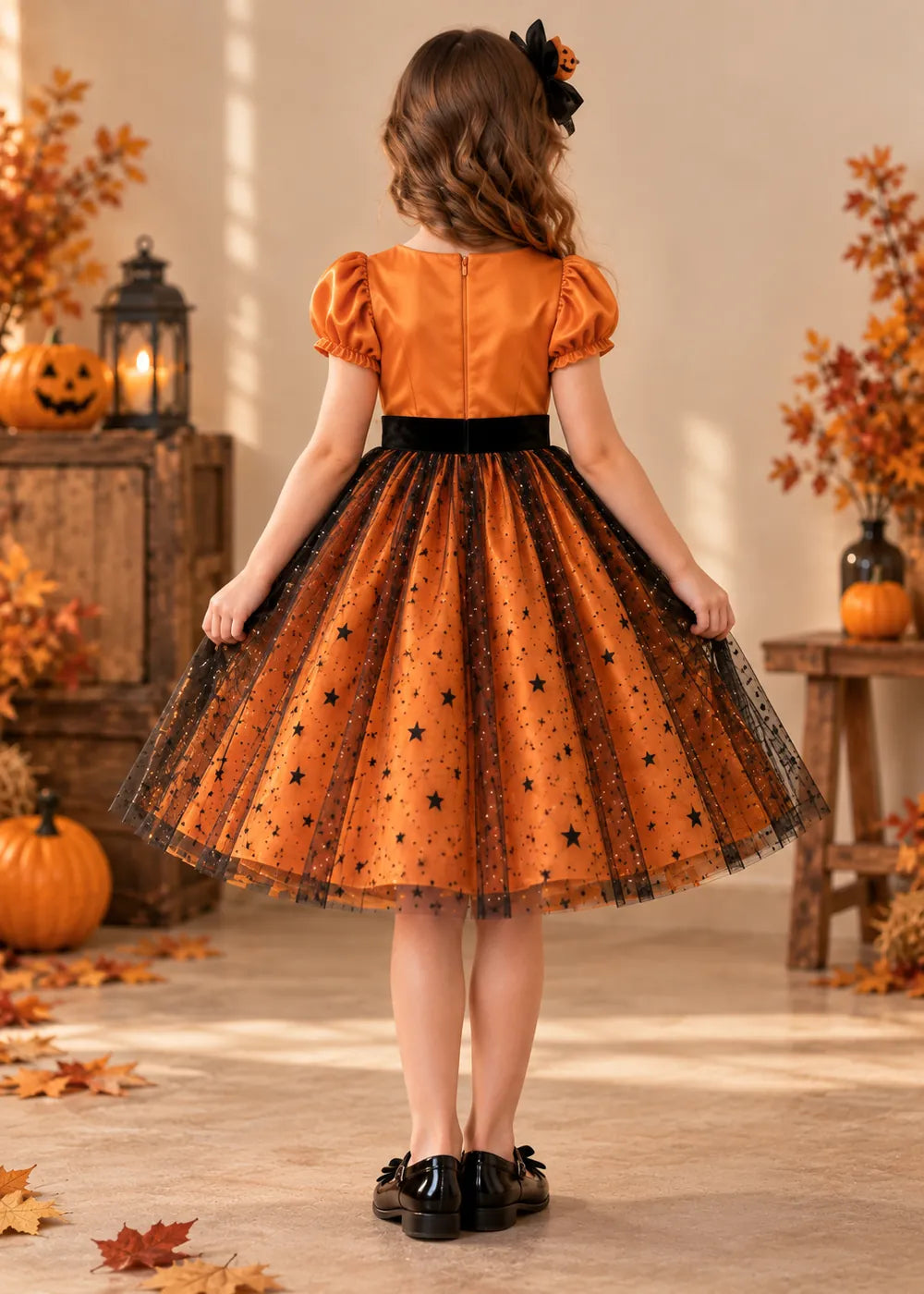 Back view of the orange and black flower girl dress.