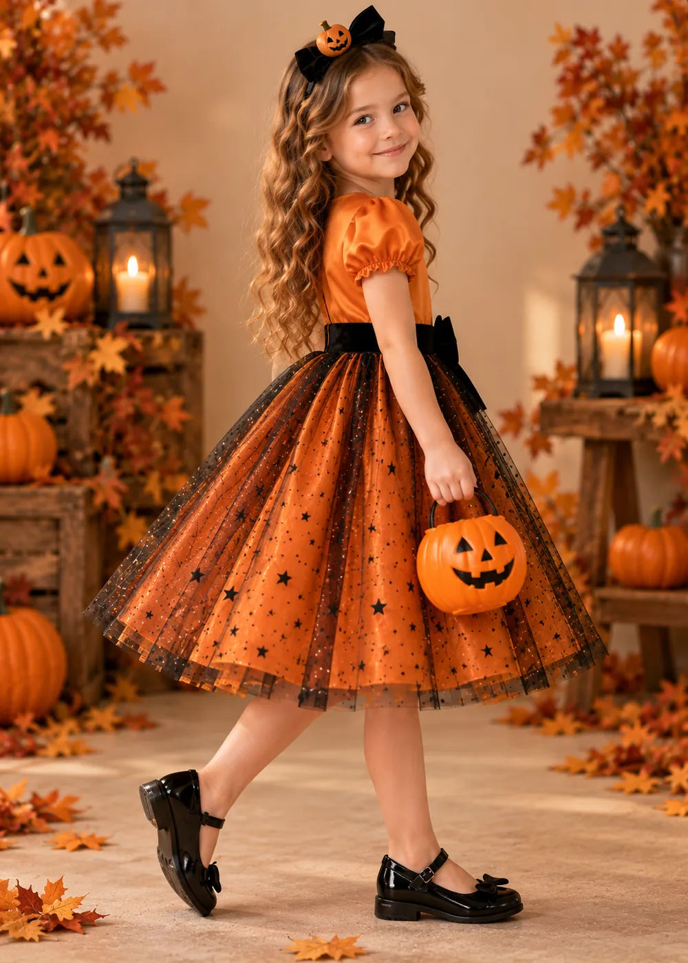 Detail view of the orange and black flower girl dress.