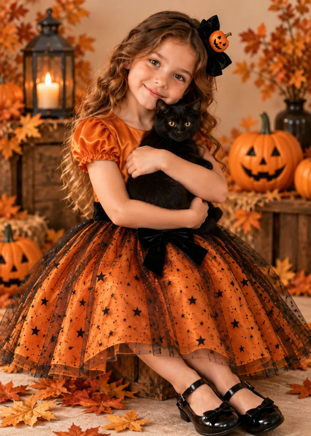 Detail view of the orange and black flower girl dress.