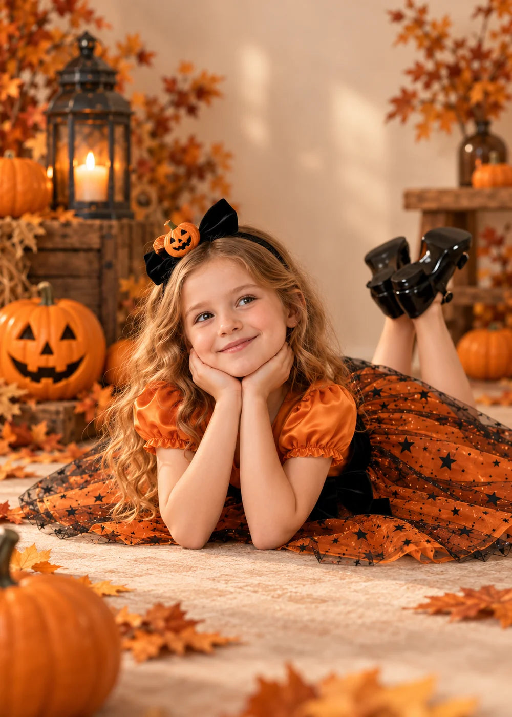Detail view of the orange and black flower girl dress.
