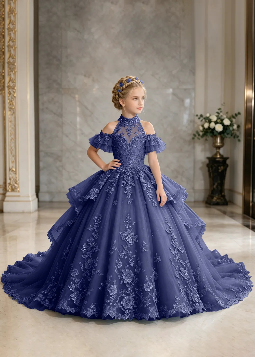 Illusion Neck Peplum Lace Princess Dress for Girls