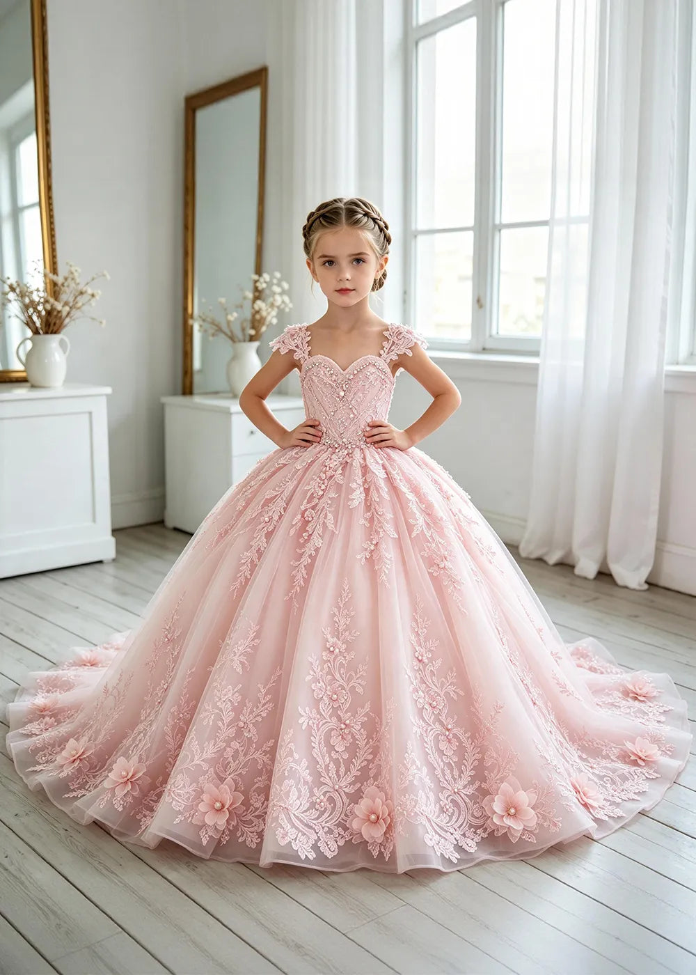 Floral V-Neck Lace Flower Girl Ball Gown Dress