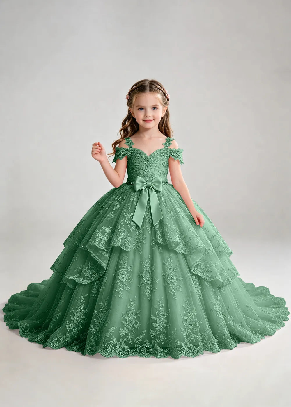 Bow Waist Floral Lace Flower Girl Ball Gown Dress