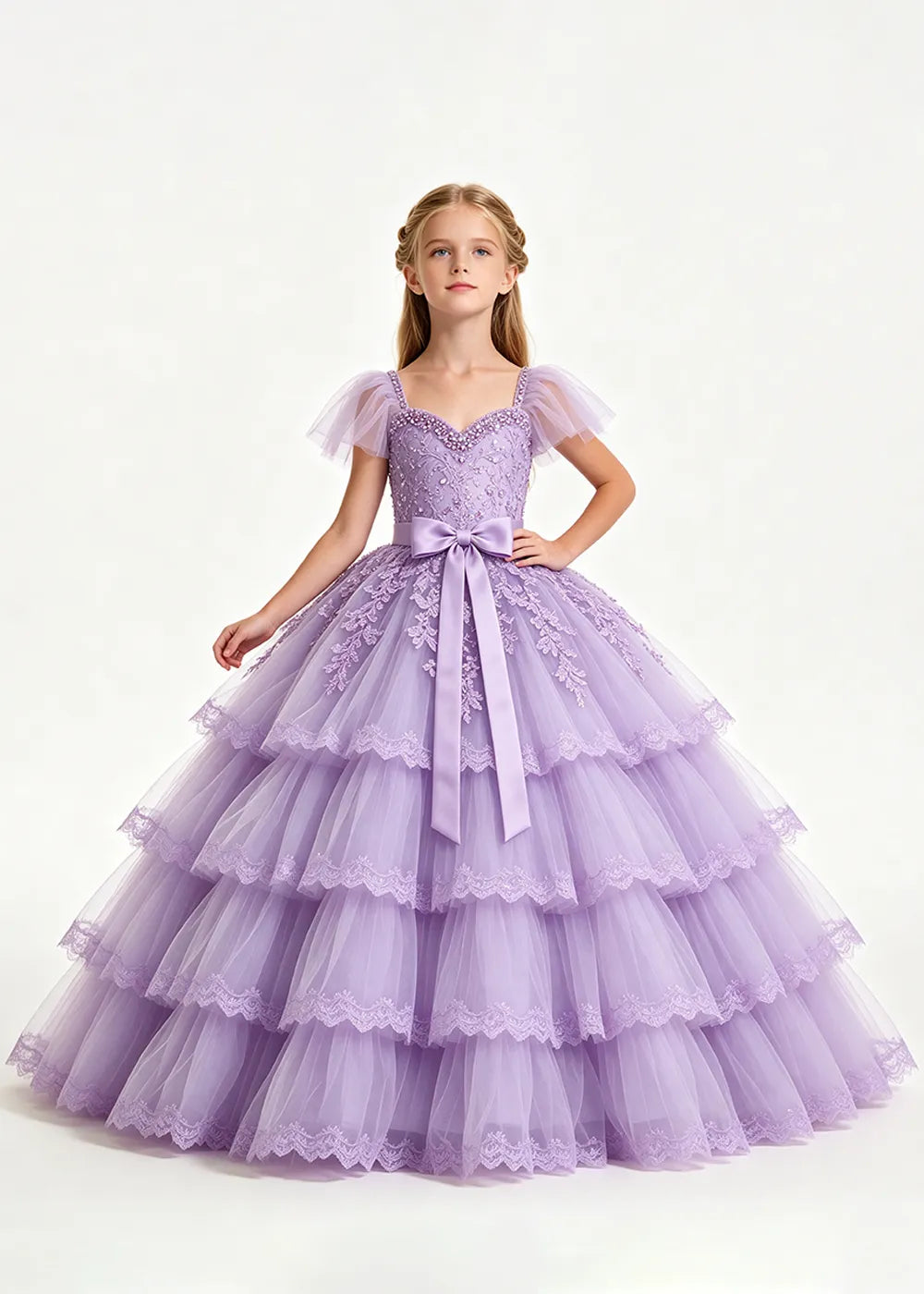 Pale Lavender Four-Tier Flower Girl Gown with Front Bow