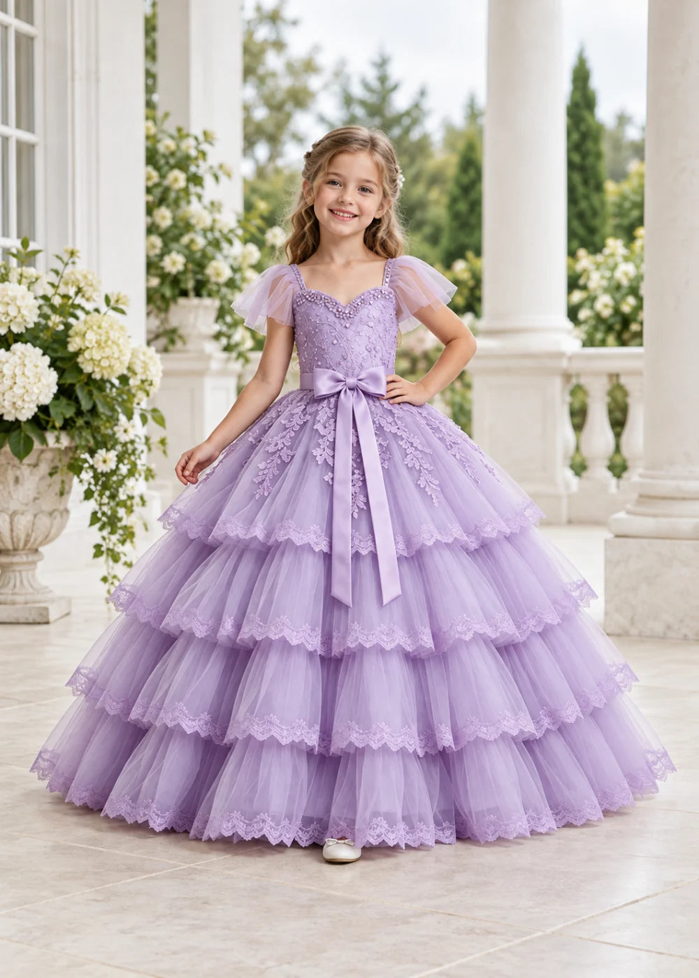 Pale Lavender Four-Tier Flower Girl Gown with Front Bow