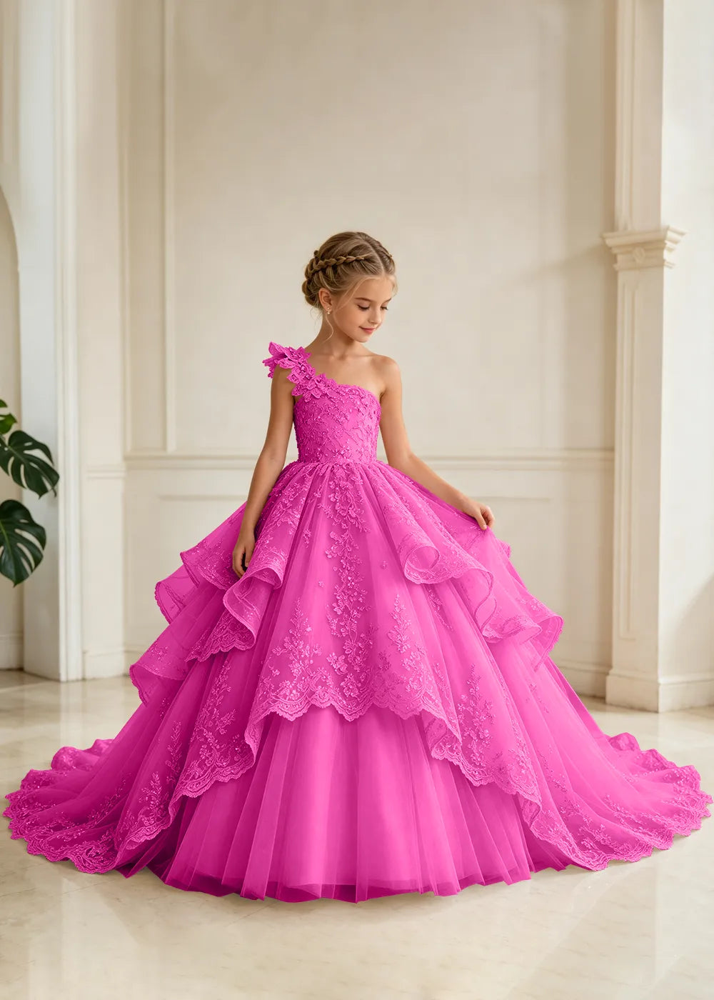Floral Strap Tiered Lace Princess Dress for Girls